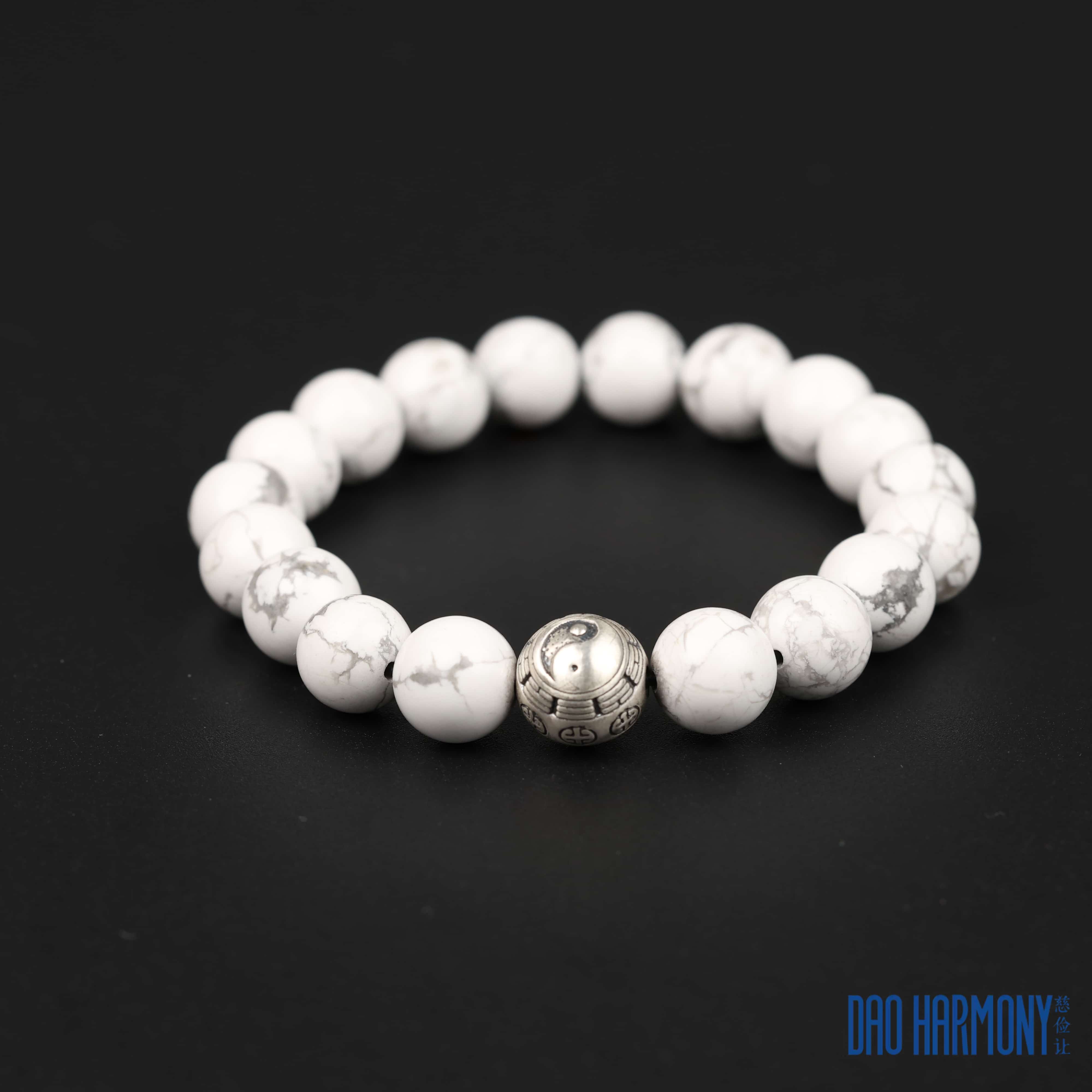 Natural White Turquoise Tai Chi Silver Bead Bracelet