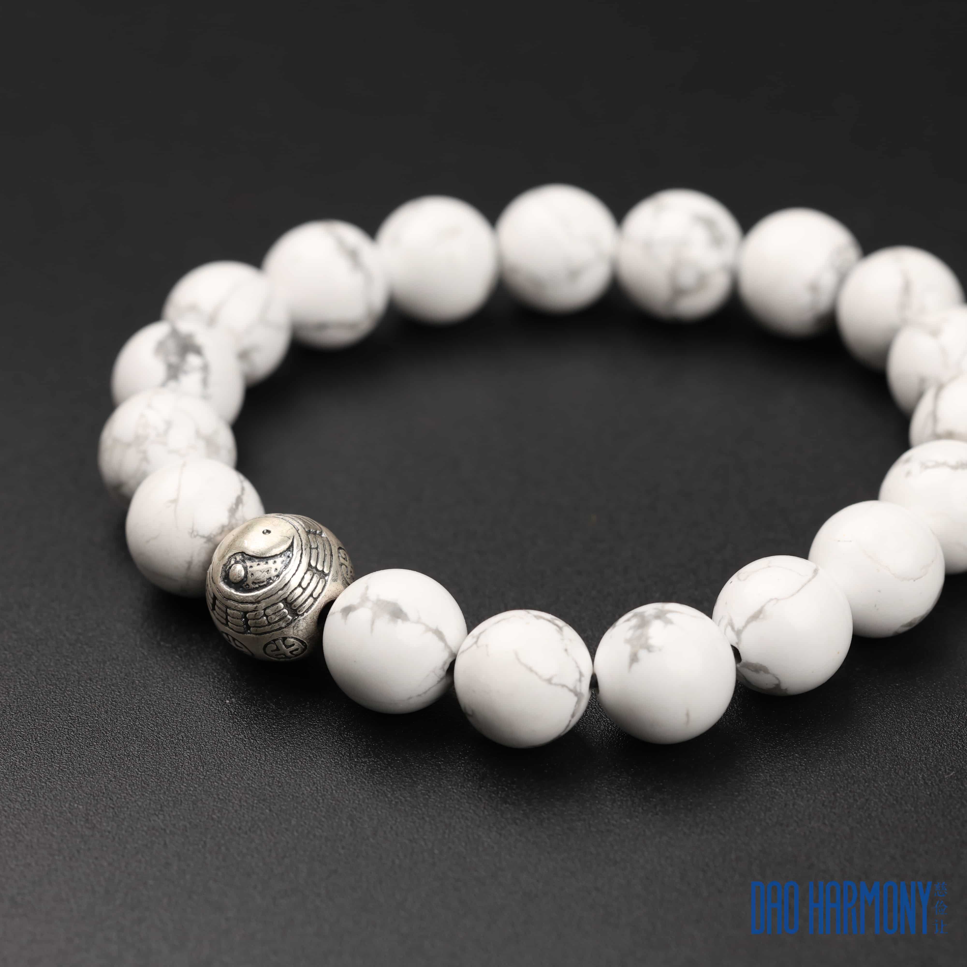 Natural White Turquoise Tai Chi Silver Bead Bracelet