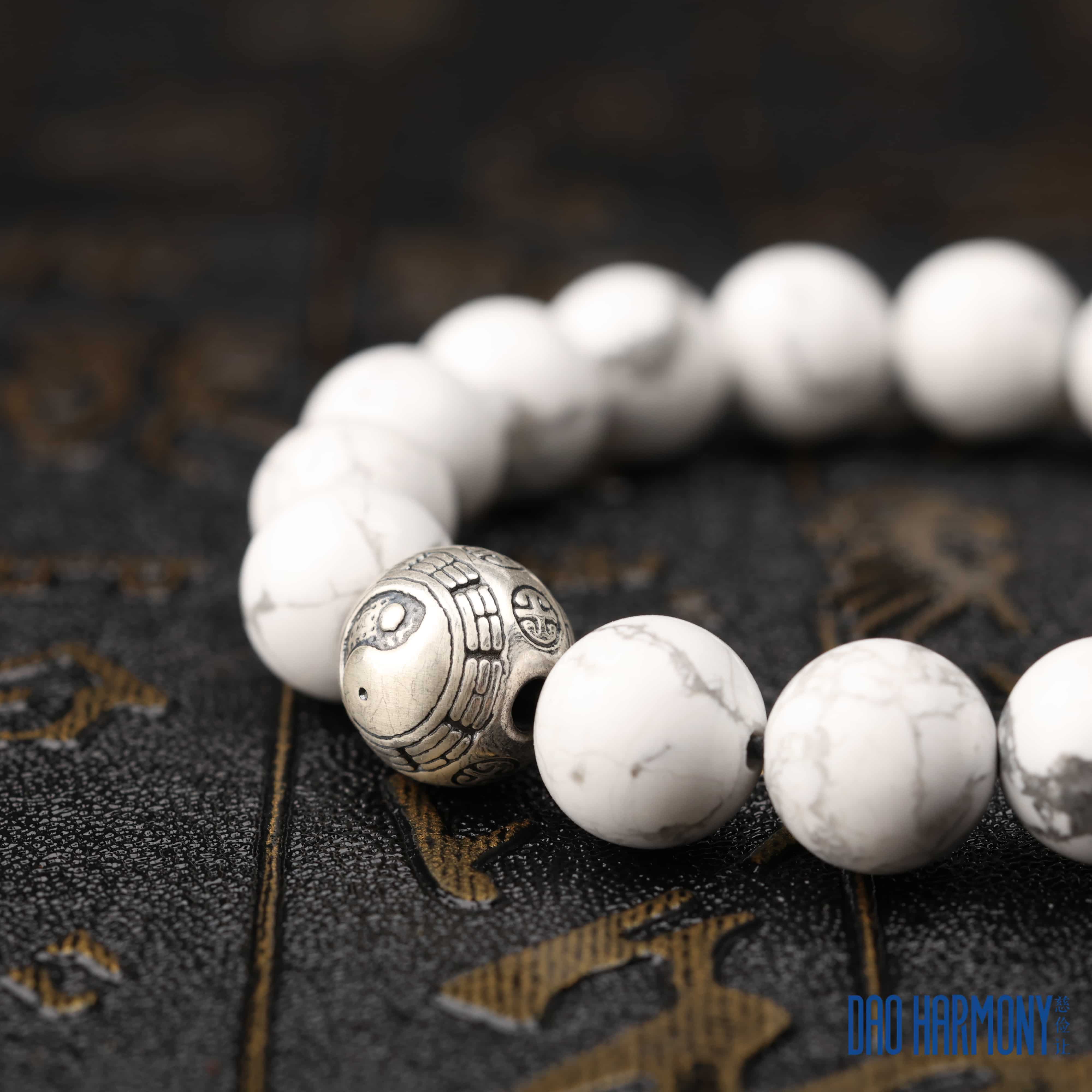 Natural White Turquoise Tai Chi Silver Bead Bracelet