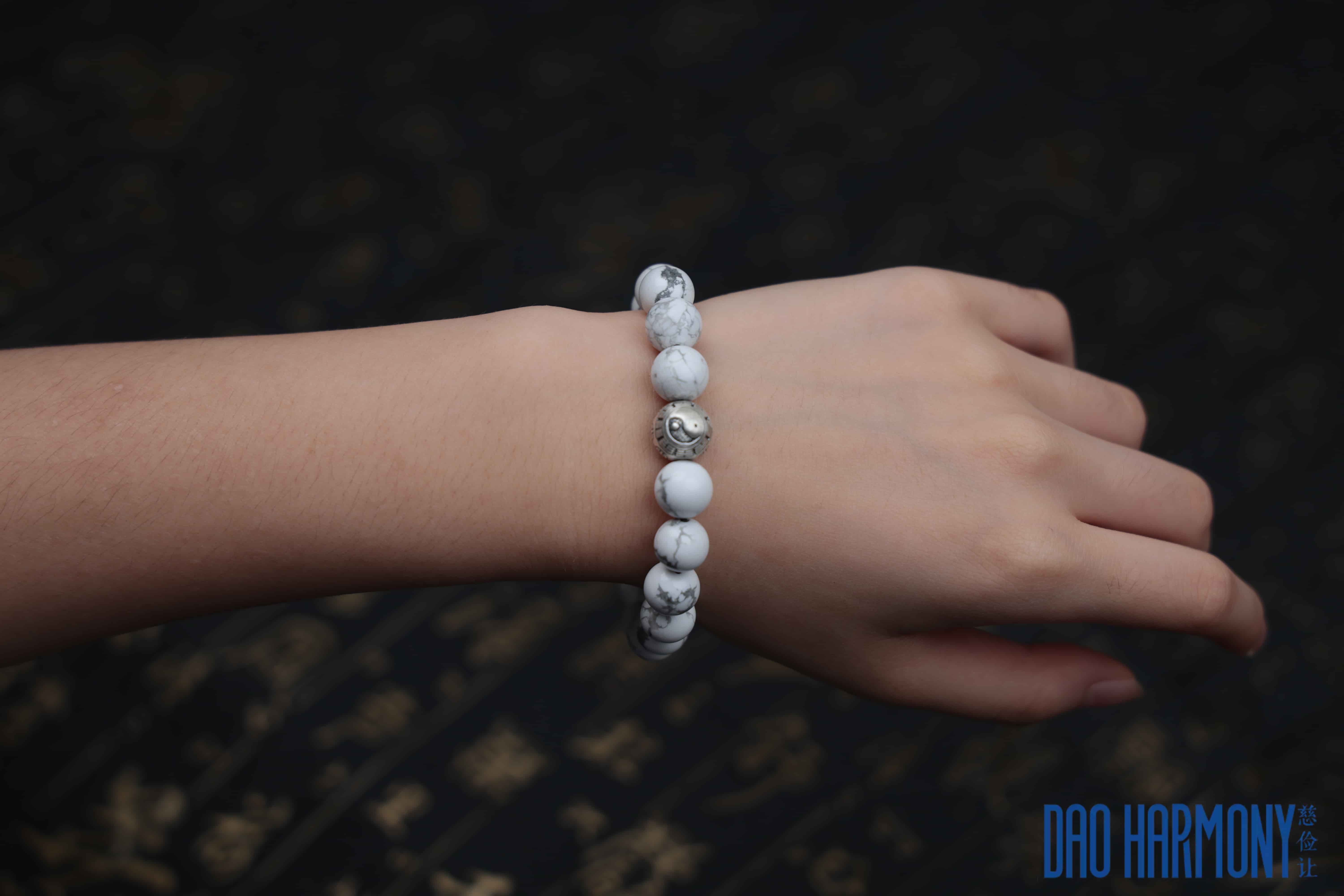 Natural White Turquoise Tai Chi Silver Bead Bracelet