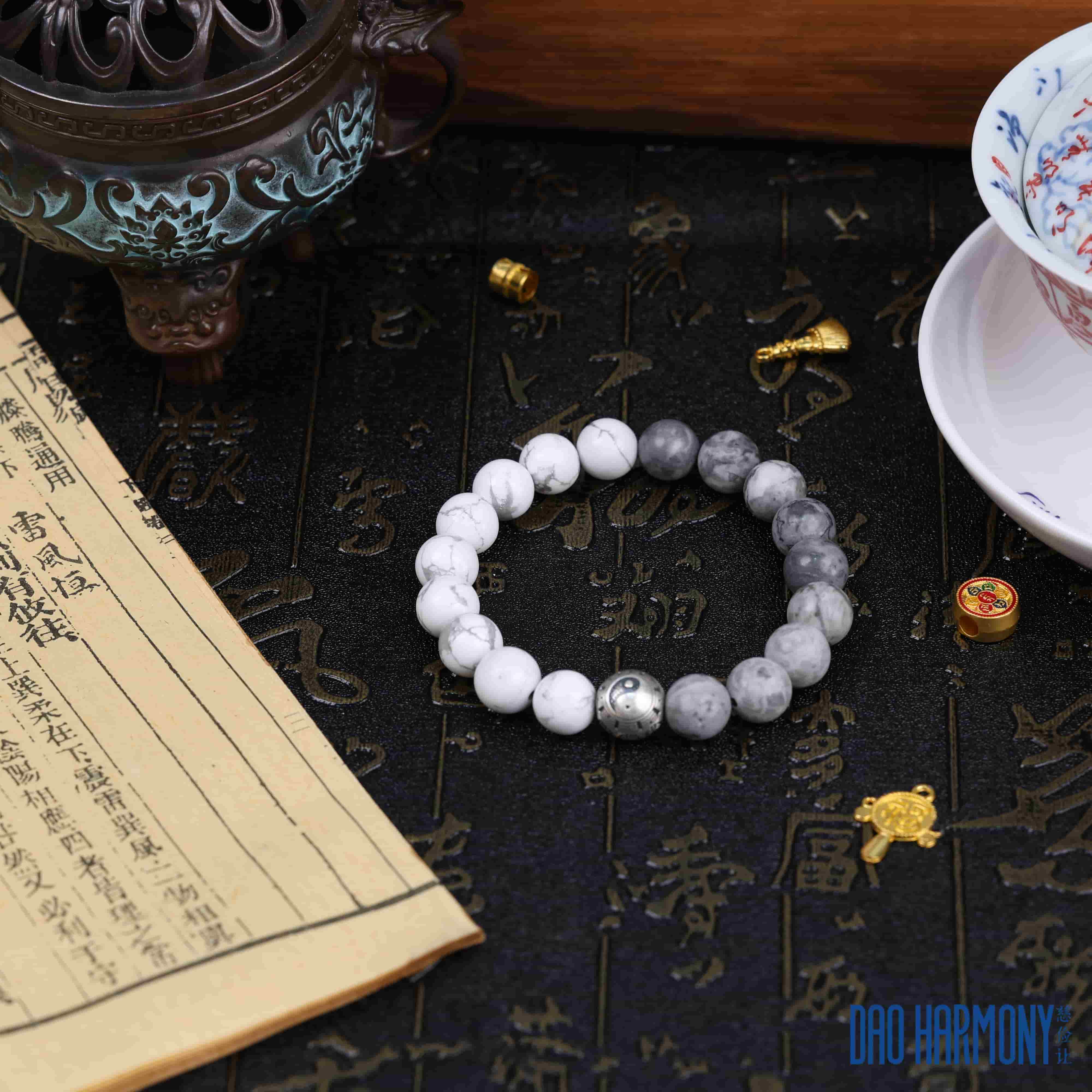 Map Stone and White Turquoise Paired with Tai Chi Silver Bead Bracelet