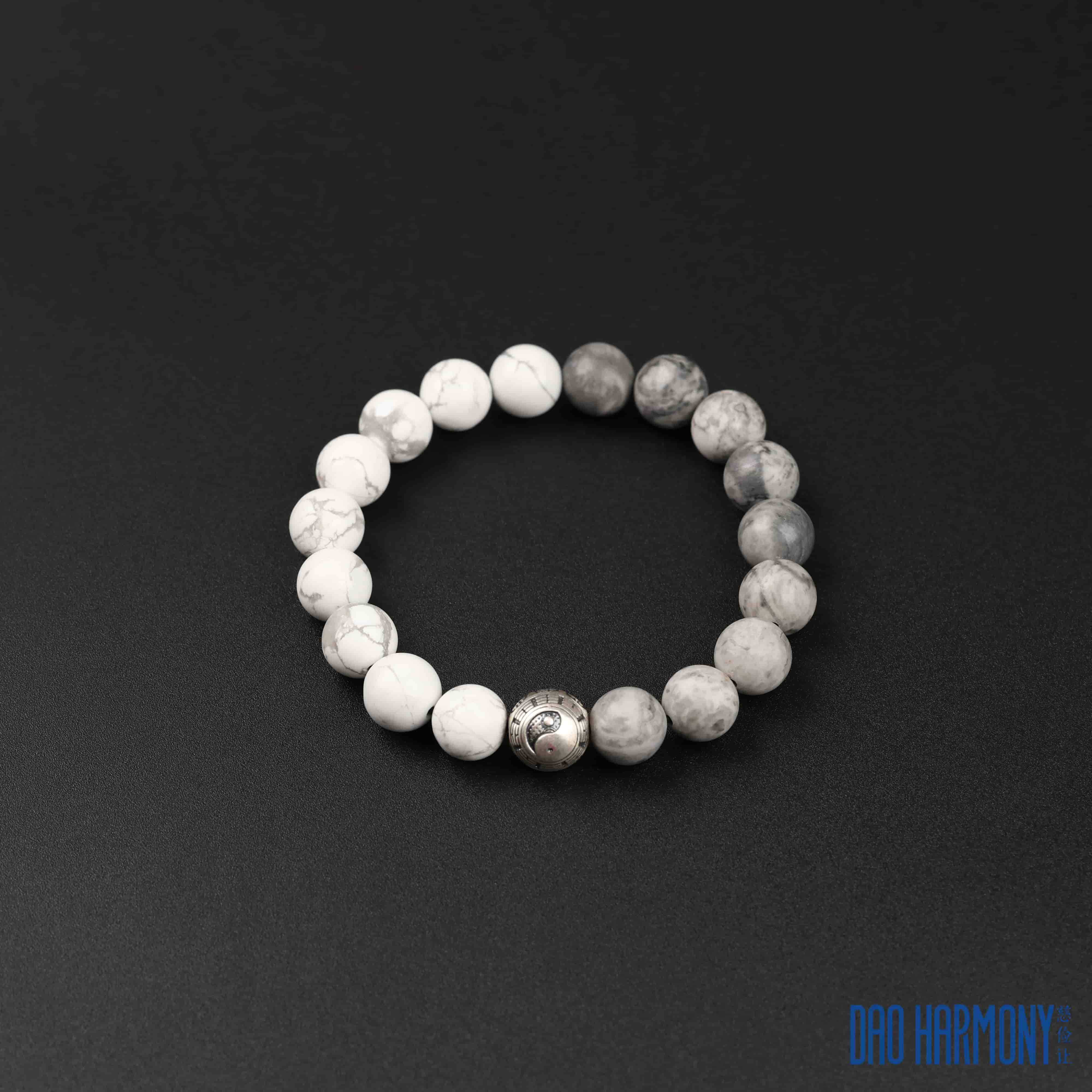 Map Stone and White Turquoise Paired with Tai Chi Silver Bead Bracelet
