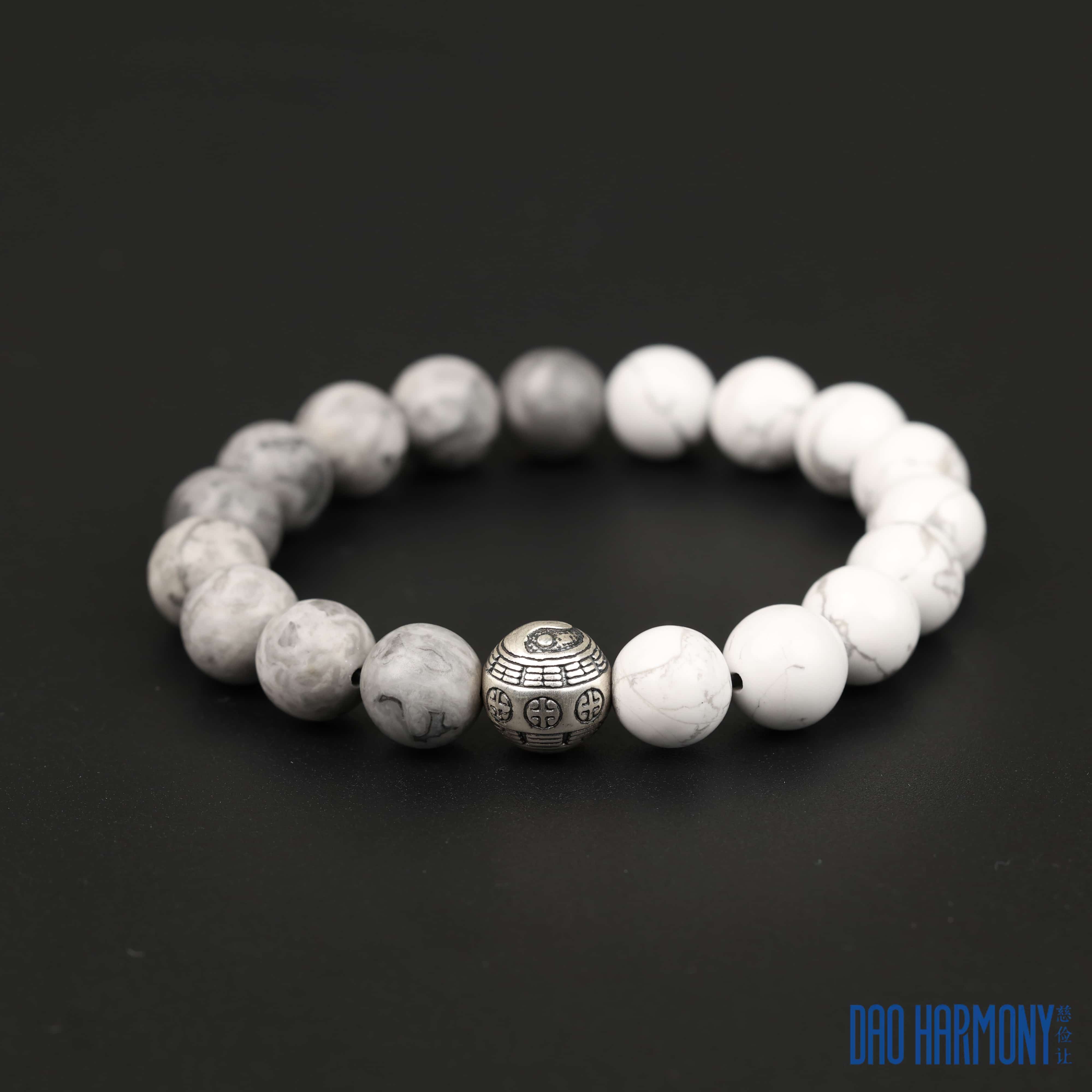 Map Stone and White Turquoise Paired with Tai Chi Silver Bead Bracelet